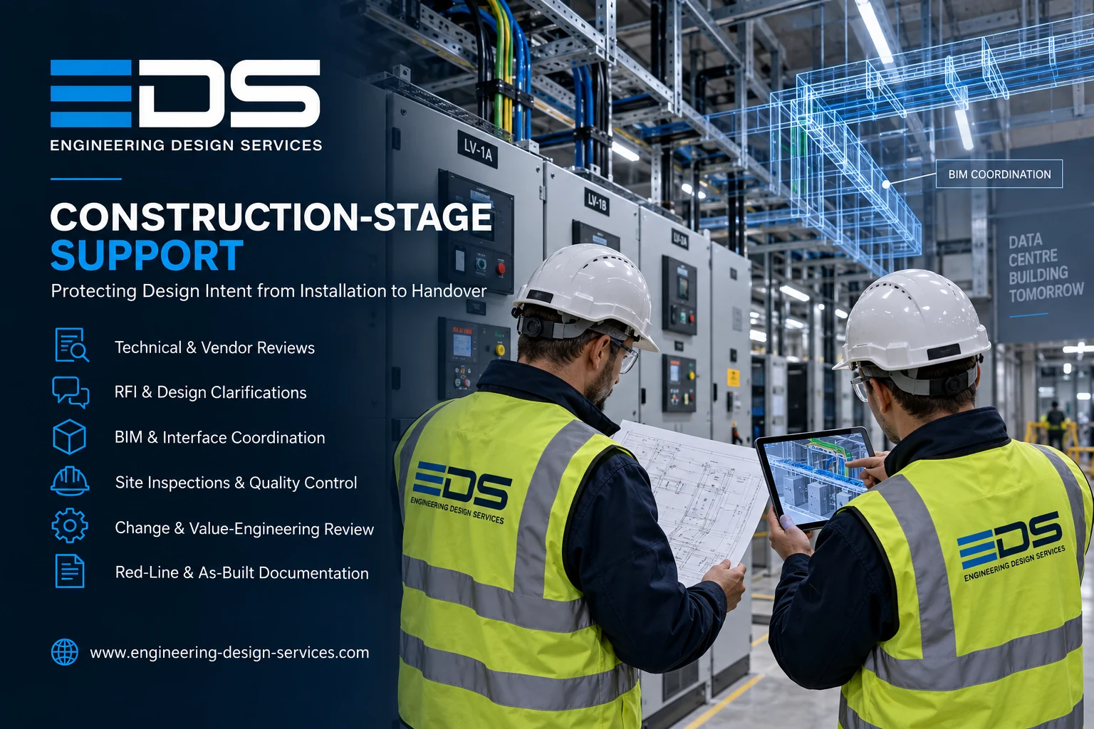 EDS engineers reviewing electrical installations and BIM coordination during data center construction