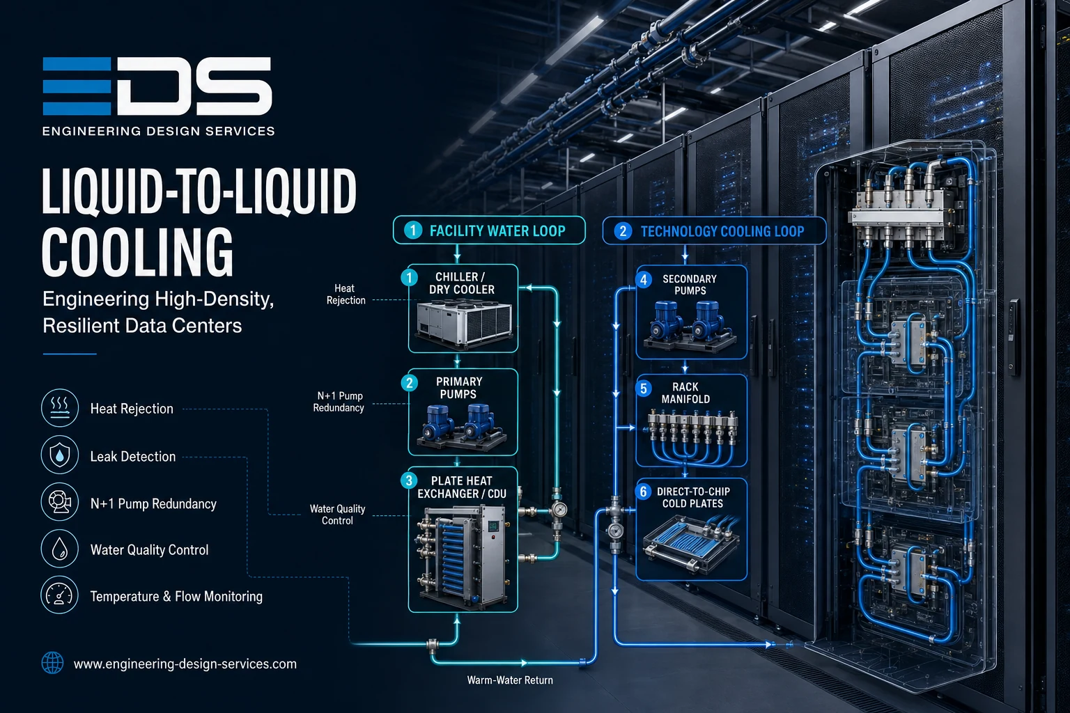 EDS liquid-to-liquid cooling system for high-density data centers